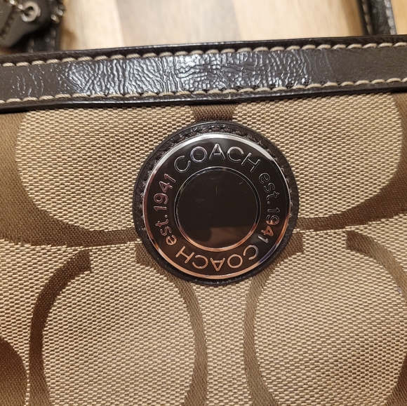 Coach Purse Signature Stripe Brown / Khaki Tote / Shoulder Bag #F19046 - Picture 6 of 8